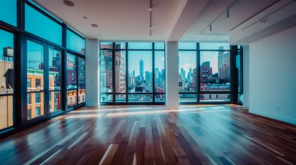Foto op Canvas Appartement vide avec grandes fenêtres et parquets dans une ville © Concept Photo Studio