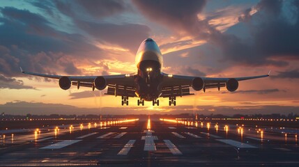 Sunset Departure: Jetliner Taking Off from Airport Runway - obrazy, fototapety, plakaty