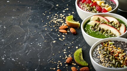 Healthy Breakfast Bowls with Fresh Fruit, Seeds, and Nuts - obrazy, fototapety, plakaty