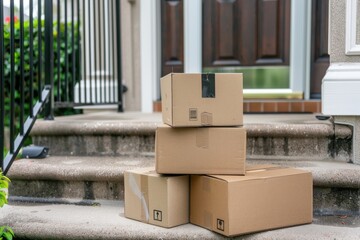 boxes in front of door steps. Online shopping concept. 