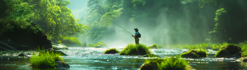 A man fly fishing in a beautiful river. - obrazy, fototapety, plakaty
