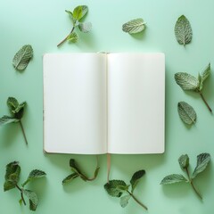 Open Blank Notebook Surrounded by Green Leaves
