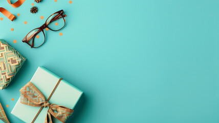 Celebratory Father's Day composition, a flat lay of a vintage gift box, stylish eyeglasses, and a necktie on a vibrant blue background, rendered in a clean, photorealistic style, with copy space - obrazy, fototapety, plakaty