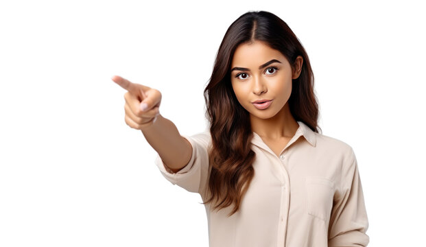Beautiful young  woman pointing finger isolated on transparent and white background.PNG image.