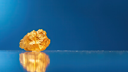 Macro photography, close-up shot, raw, uncut, unrefined gold nugget, isolated against modern blue background. Bright, studio lighting, bokeh, golden, shining