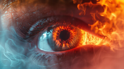 Heat stroke captured in a close-up, photorealistic image, accentuated by a vibrant aura, designed as a creative banner with spacious copy space - obrazy, fototapety, plakaty