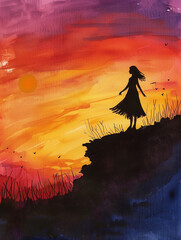 watercolor painting of a girl standing on a cliff watching the sunset