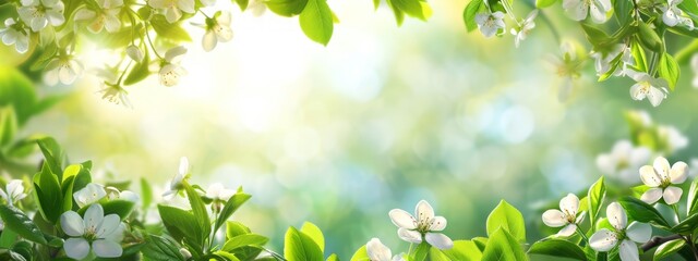 Obraz premium Bright, Sunlit Spring Foliage Banner with Blurred Green Leaves and White Blossoms