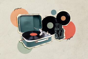 Collage artwork image of vintage instruments listening to audio music theme party 90s isolated on drawing background