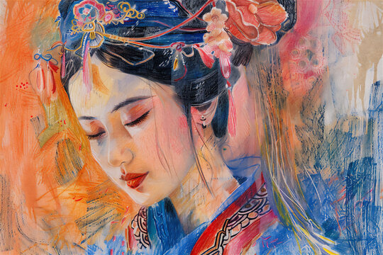 Painting from colored pencils, a Chinese woman, royal concubine, wearing traditional clothes, full color abstract background