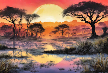 Sunset background. Vector African ink landscape