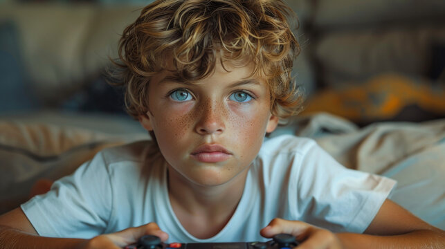 Joystick close up Boy playing game console Kid is playing in his free time Entertainment weekends holidays for children Boy compete playing computer games Teeneger without his parents Leisure.