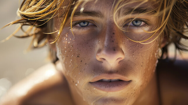 Portrait of professional surfer teen boy holding a surfboard after surfing. hot blond serious teenager walking out of the water. active vacation concept
