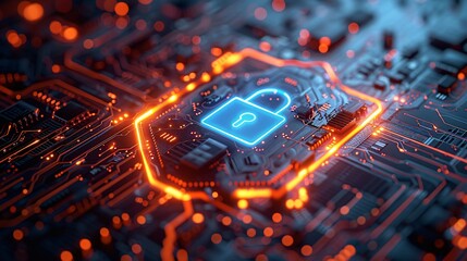 Illuminated Cybersecurity Lock on Tech Motherboard