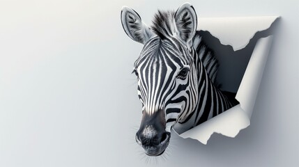 Fototapeta na wymiar Curious Zebra Peeking Through a Torn Paper Hole on a Plain Background