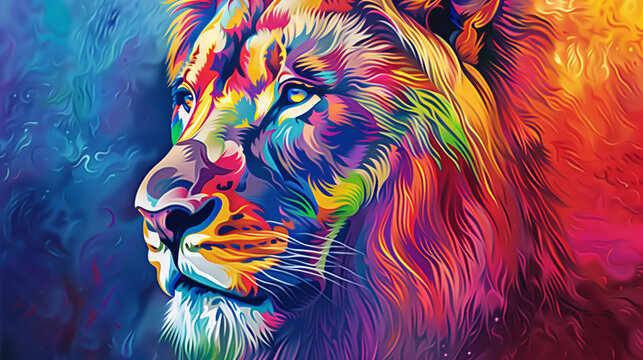 Colorful lion portrait in the style of digital art