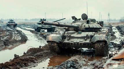 Military Tanks on a Muddy Field During a Tactical Training Exercise