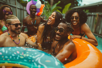Poolside Party: closeup of a group of diverse friends laughing and splashing around a colorful inflatable pool float in a backyard