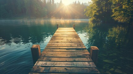 Wooden pier overlooking a forest lake at dawn. Summer nature landscape