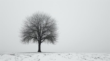 A tree stands alone in a snowy field. Concept of solitude and stillness, as the tree is the only visible element in the scene