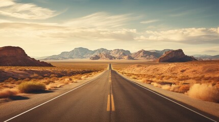 Panorama view of an endless straight road running through the barren scenery of the American Southwest with extreme heat haze on a beautiful hot sunny day with blue sky in summer - obrazy, fototapety, plakaty