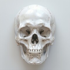 A white skull with a smile on its face. The skull is smiling because it is a fake skull and not a real one