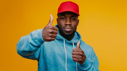 A man wearing a blue hoodie and a red hat is giving a thumbs up. The image has a positive and upbeat mood, as the man is expressing approval or satisfaction