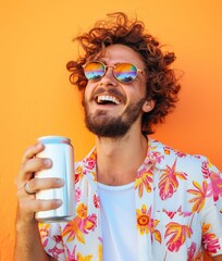 A man with a beard and glasses is smiling and holding a can of soda. The shirt he is wearing has a floral pattern