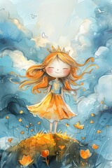 Obraz na płótnie Canvas A cute girl with long hair is standing on a hill with a crown on her head. She is surrounded by butterflies and clouds