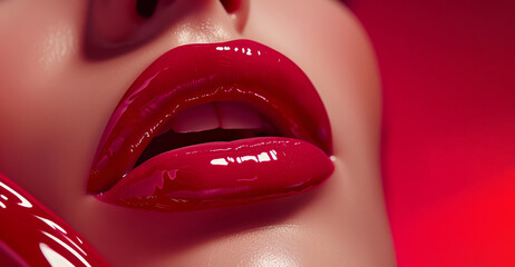 A woman with red lips is shown in a close up. The lips are very large, the woman's smile is wide. Concept of confidence and boldness, woman's lips are the focal point of image. beauty ad, glossy lips