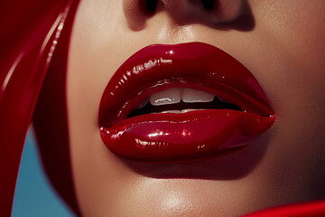 Obraz premium A woman with red lips is shown in a close up. The lips are very large, the woman's smile is wide. Concept of confidence and boldness, woman's lips are the focal point of image. beauty ad, glossy lips