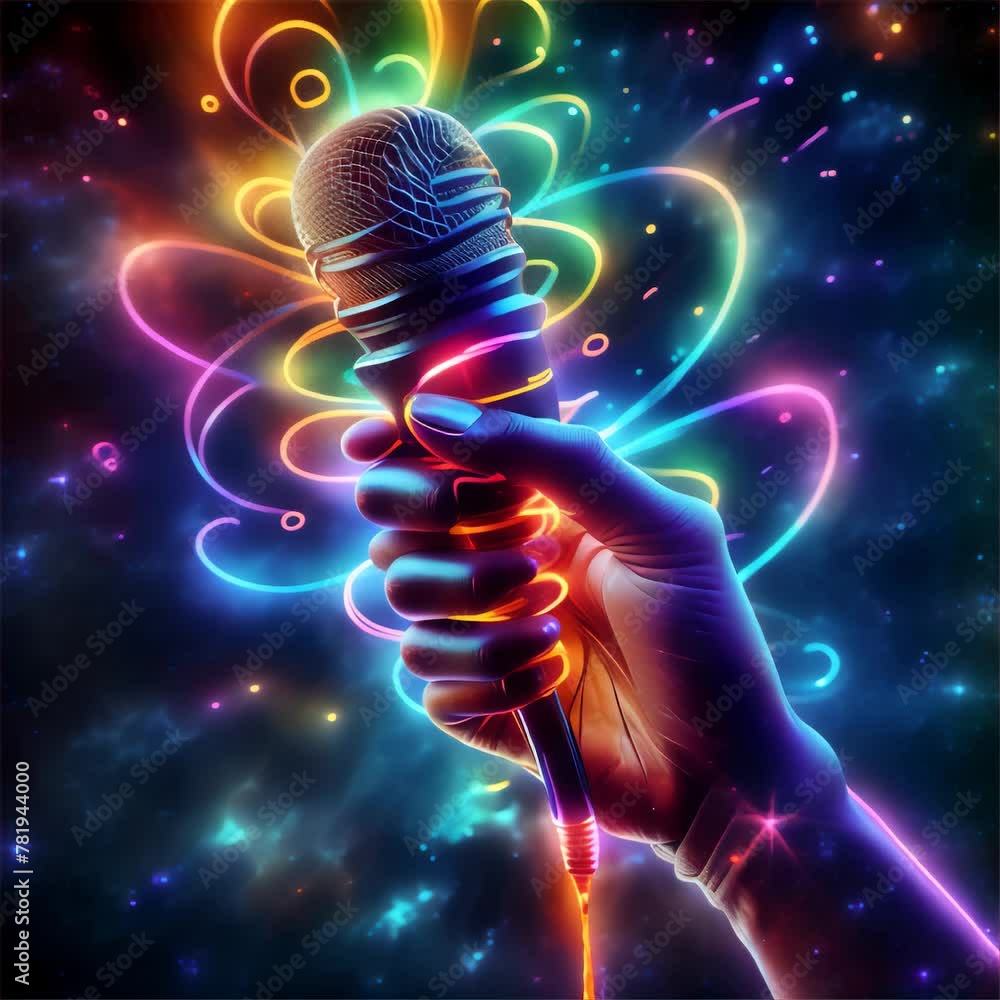 Poster a vibrant image depicting a hand holding a microphone enveloped in colorful neon swirls against a co