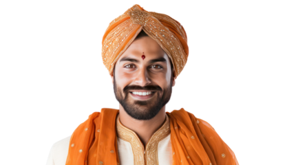 Handsome Indian man in traditional clothes smiling isolated on transparent and white background.PNG image.