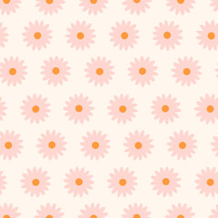 Fototapeta na wymiar Pink Flowers. Abstract blossom, bloom. Hand-drawn trendy Vector illustration. Floral design, Naive art. Colorful square seamless Pattern. Poster, print template. Background, wallpaper