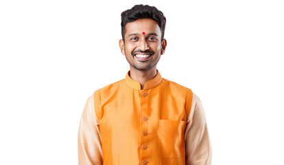 Handsome Indian man in traditional clothes smiling isolated on transparent and white background.PNG image.