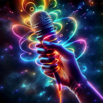 A vibrant image depicting a hand holding a microphone enveloped in colorful neon swirls against a cosmic backdrop, symbolizing musical expression and energy.. AI Generation