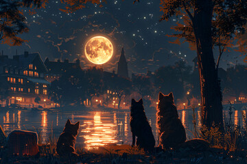 Dogs watching full moon over lake. Digital illustration with nocturnal nature and animal admiration concept.