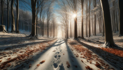 冬の森で朝日が輝く雪景色
