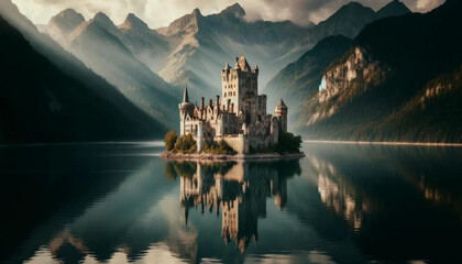 湖に浮かぶ古城と山々の絶景
