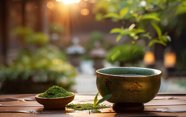 Japanese macha tea in a old ceramic cup neutral colors, minimalist and elegant image, zen japanese garden on background