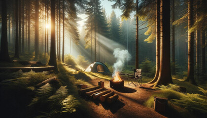 森の中のキャンプファイヤーとテントの朝
 - obrazy, fototapety, plakaty