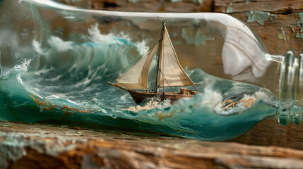 A cute sailboat inside a bottle floats on the waves of the sea