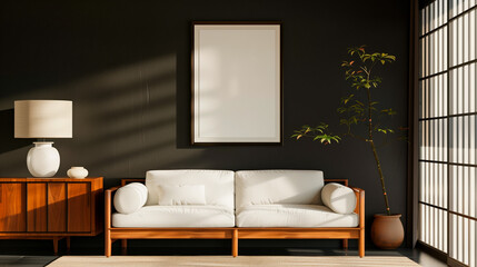 Fototapeta na wymiar Modern Living Space with Zen Elements. An elegant, minimalist living room captures the tranquility of Zen design, featuring clean lines, natural wood, and serene lighting
