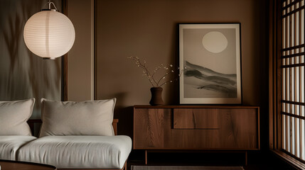 Minimalist Japanese Style Interior with Art. A serene Japanese-style living space featuring minimalist furniture, elegant decor, and a calming art piece.