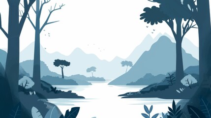 Serene Blue Monochrome Landscape with River and Mountains