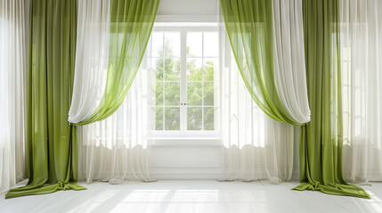 Luxurious white and green tulle on the window in a beautiful bright room