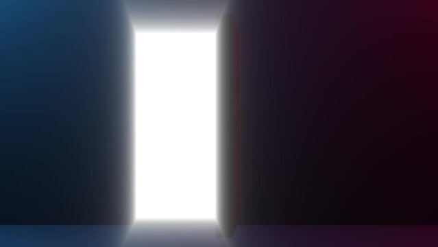 Light shines from door opening in dark room red and blue light in 4K resolution