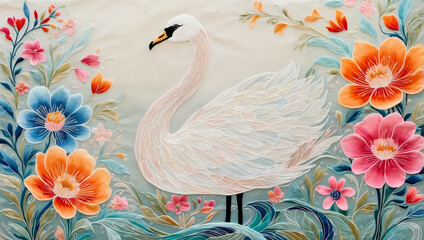 Floral Birds in Nature: A serene scene with colorful flowers and various birds like swans, ducks, and flamingos by a tranquil lake