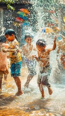 Youth playing in Songkran festival slow-motion water splashes