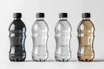 mockup of four color plastic bottles for beverage on white isolated background. Blank template for packaging design